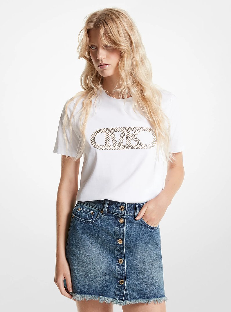 Grommeted Empire Logo Organic Cotton T-Shirt in WHITE | Michael Kors