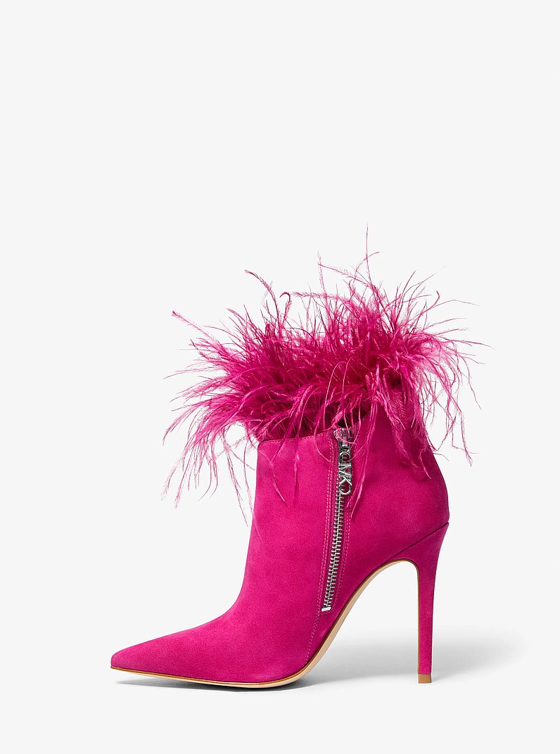 Whitby Feather Trim Suede Ankle Boot in DEEP FUCHSIA | Michael Kors