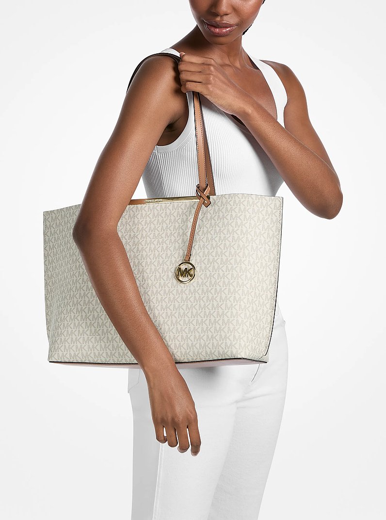 Evelyn Large Signature Logo Tote Bag in VANILLA/ACORN | Michael Kors