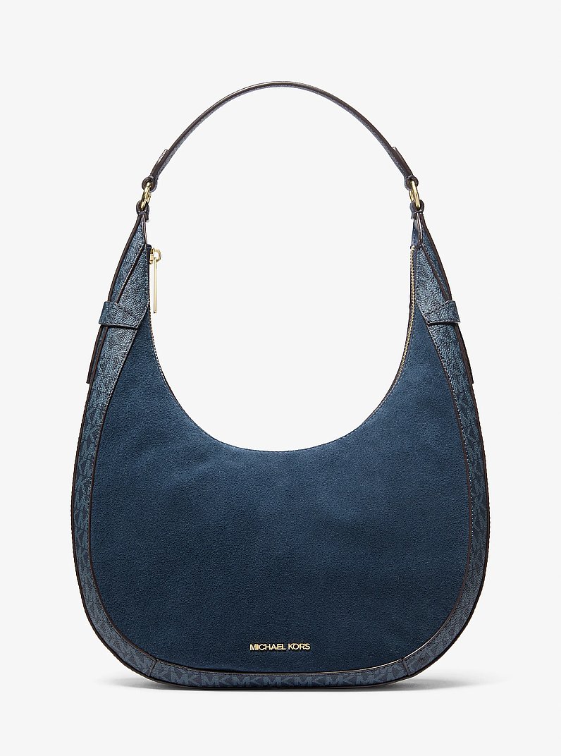 Preston Large Suede and Signature Logo Crescent Shoulder Bag in NAVY | Michael Kors