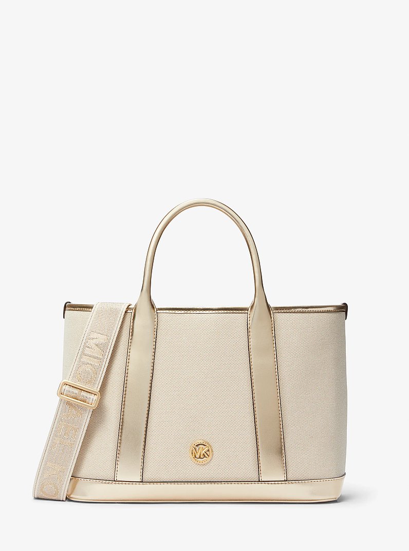 Luisa Medium Cotton Canvas and Metallic Satchel in PALE GOLD/NATURAL | Michael Kors