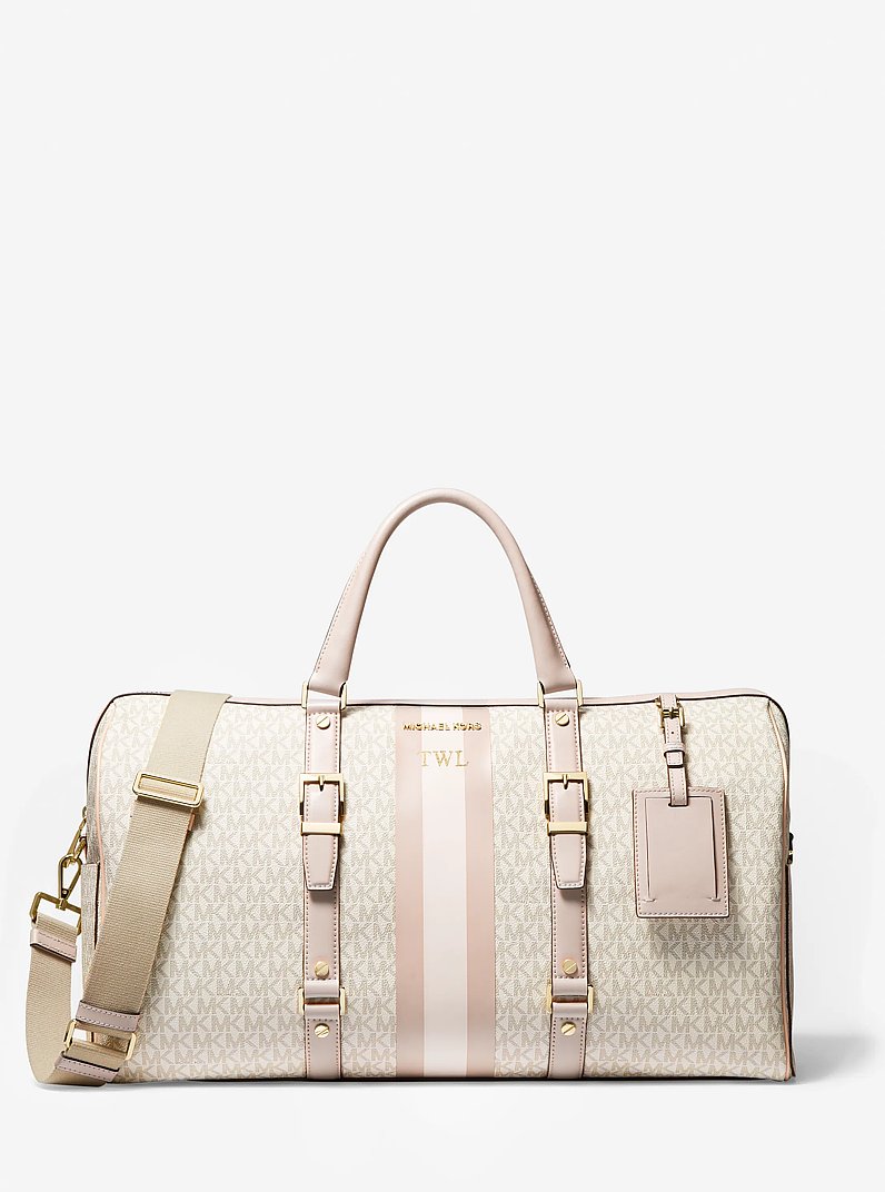 Tr&egrave;s grand sac de fin de semaine Bedford Travel &agrave; logo et &agrave; rayure in VANILLE/ROSE P&Acirc;LE | Michael Kors