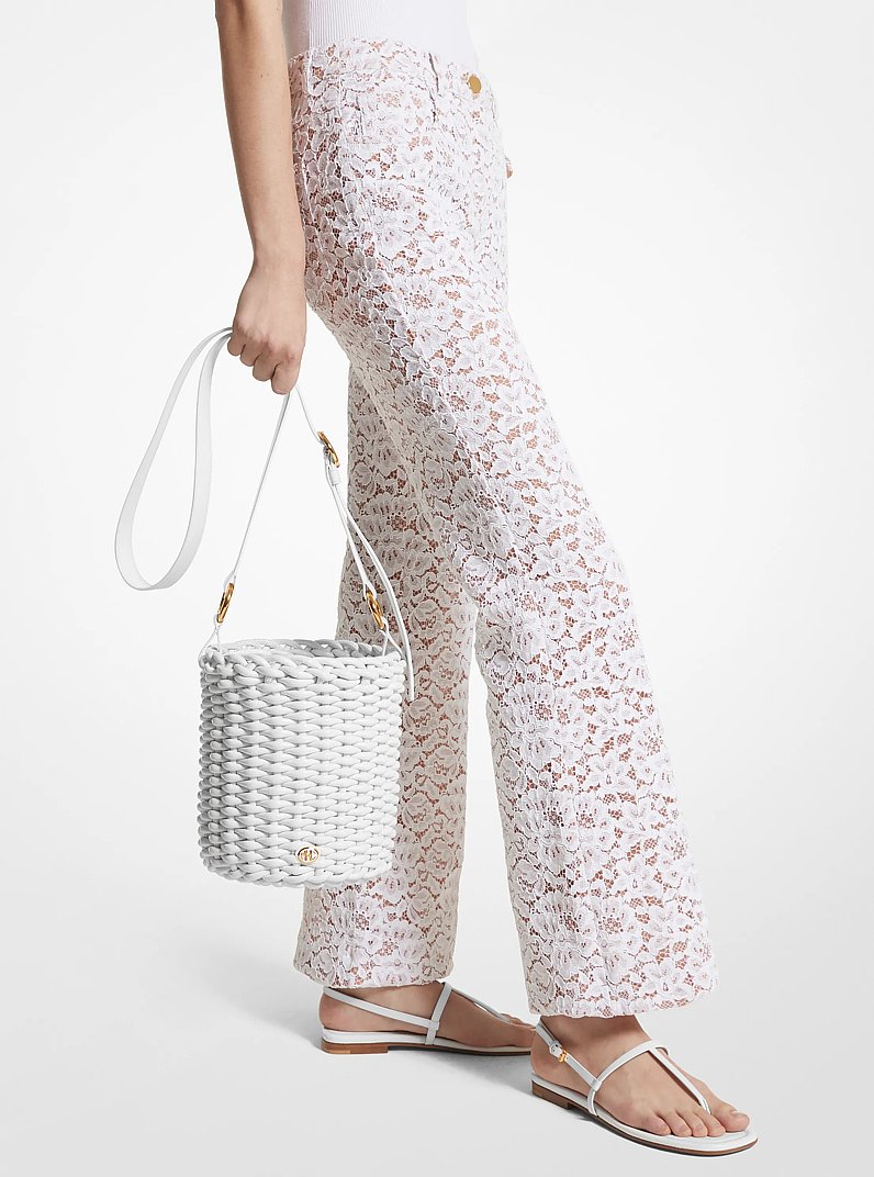 Julie Large Woven Leather Bucket Bag in OPTIC WHITE | Michael Kors
