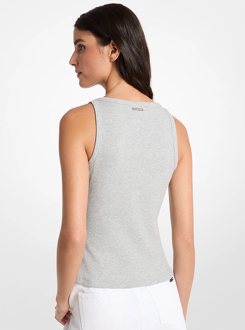 Embellished Logo Ribbed Cotton Blend Tank Top in PEARL GREY | Michael Kors