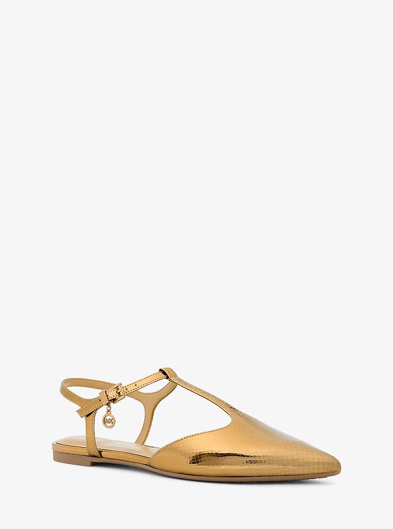 Cherie Snake Embossed Metallic Leather T-Strap Flat in ANTIQUE GOLD | Michael Kors