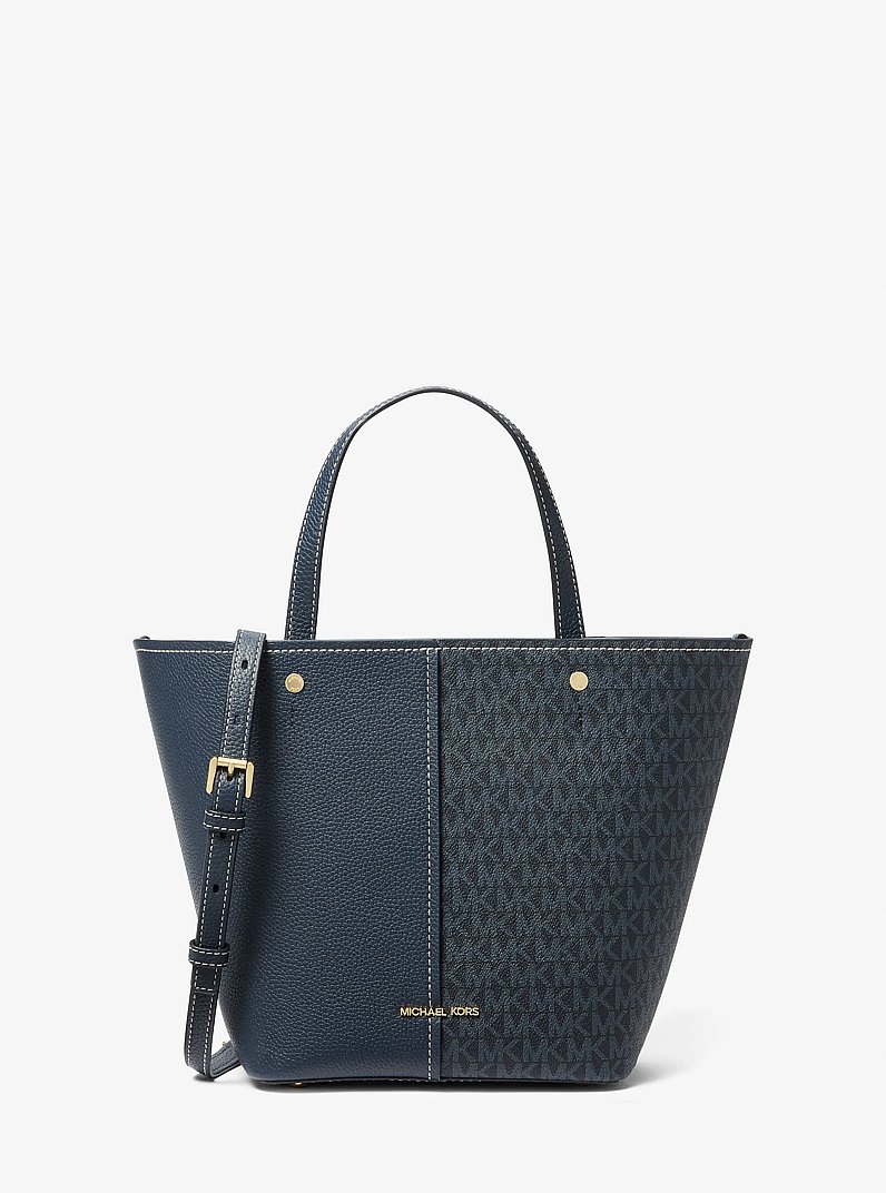 Bolso tote Flora mediano de piel granulada con logotipo in AZUL OSCURO/AZUL P&Aacute;LIDO | Michael Kors