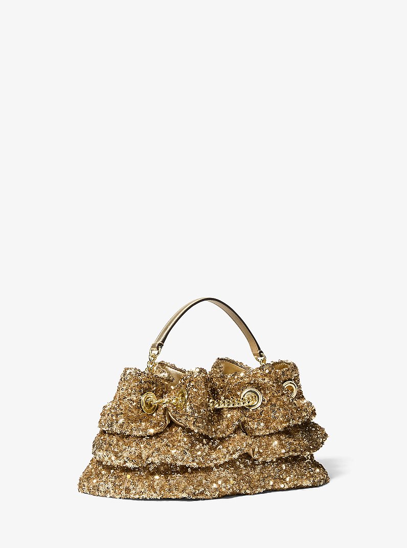 Mina Small Sequin Embellished Convertible Pochette in PALE GOLD | Michael Kors