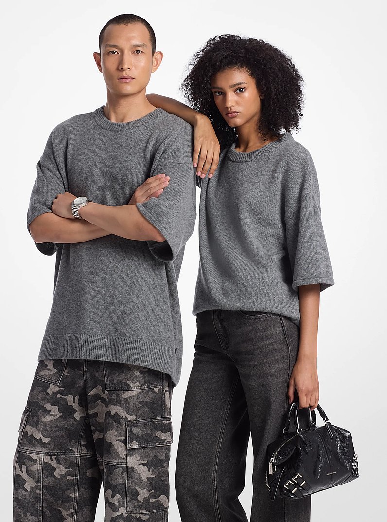 Wool and Cashmere Blend Short-Sleeve Sweater in ASH | Michael Kors