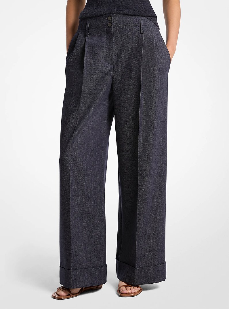 Pantal&oacute;n de lana con efecto denim y bajo con dobl&eacute;s in INDIGO | Michael Kors