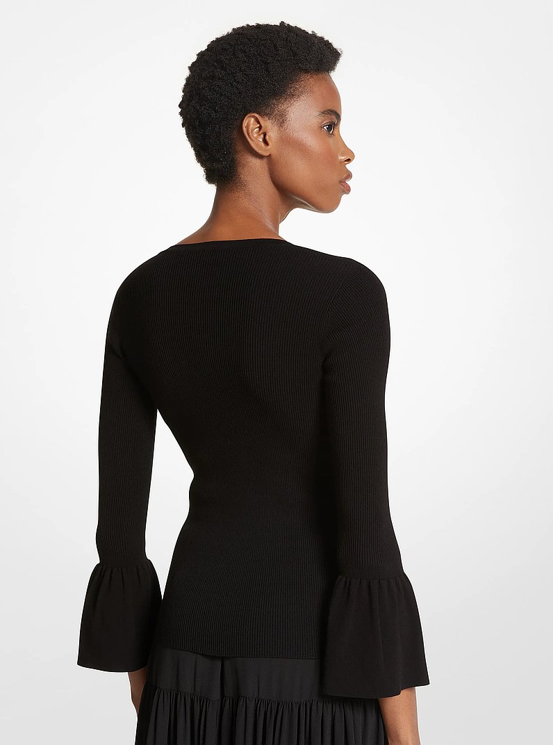 Ribbed Stretch Viscose Ruffle-Sleeve Sweater in BLACK | Michael Kors
