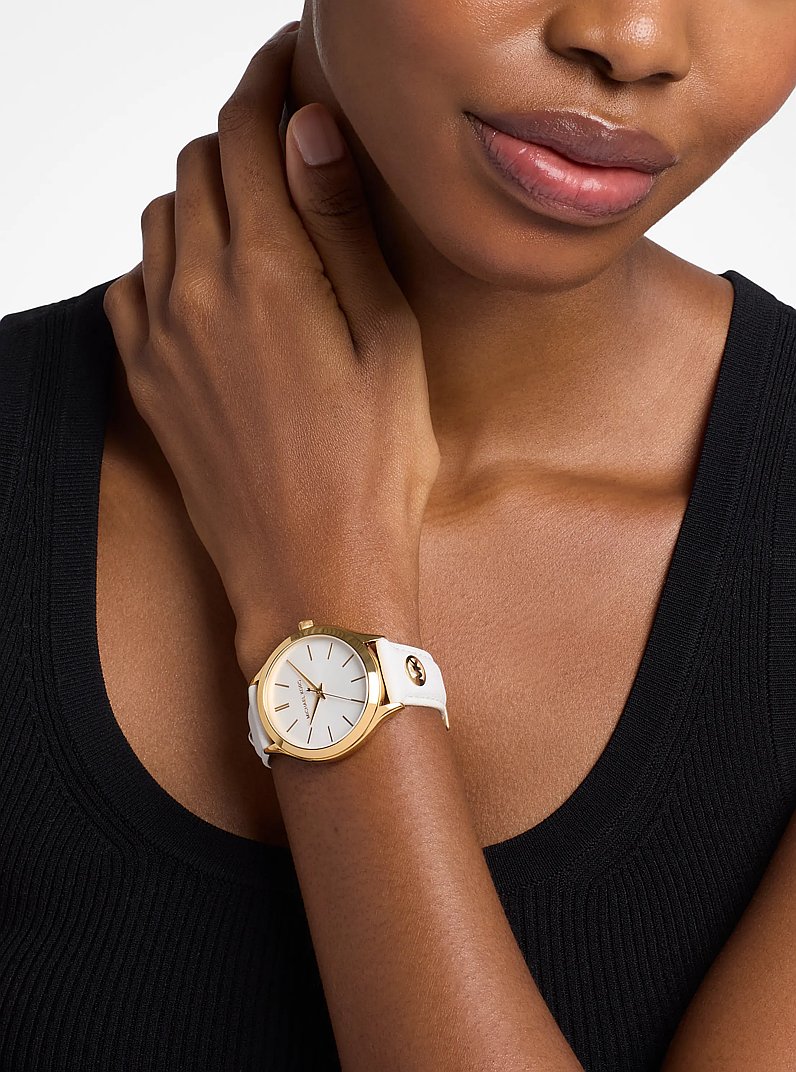 Slim Runway Gold-Tone and Leather Watch in OPTIC WHITE | Michael Kors