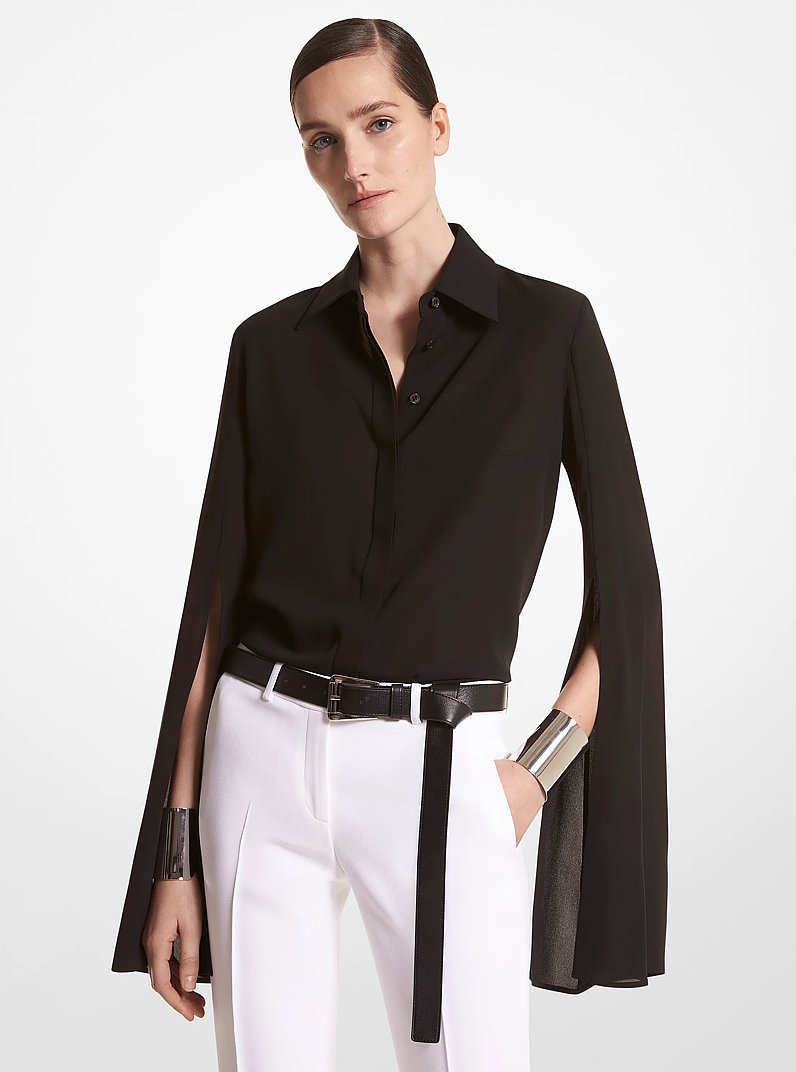 Silk Georgette Slit-Sleeve Shirt in NEGRO | Michael Kors