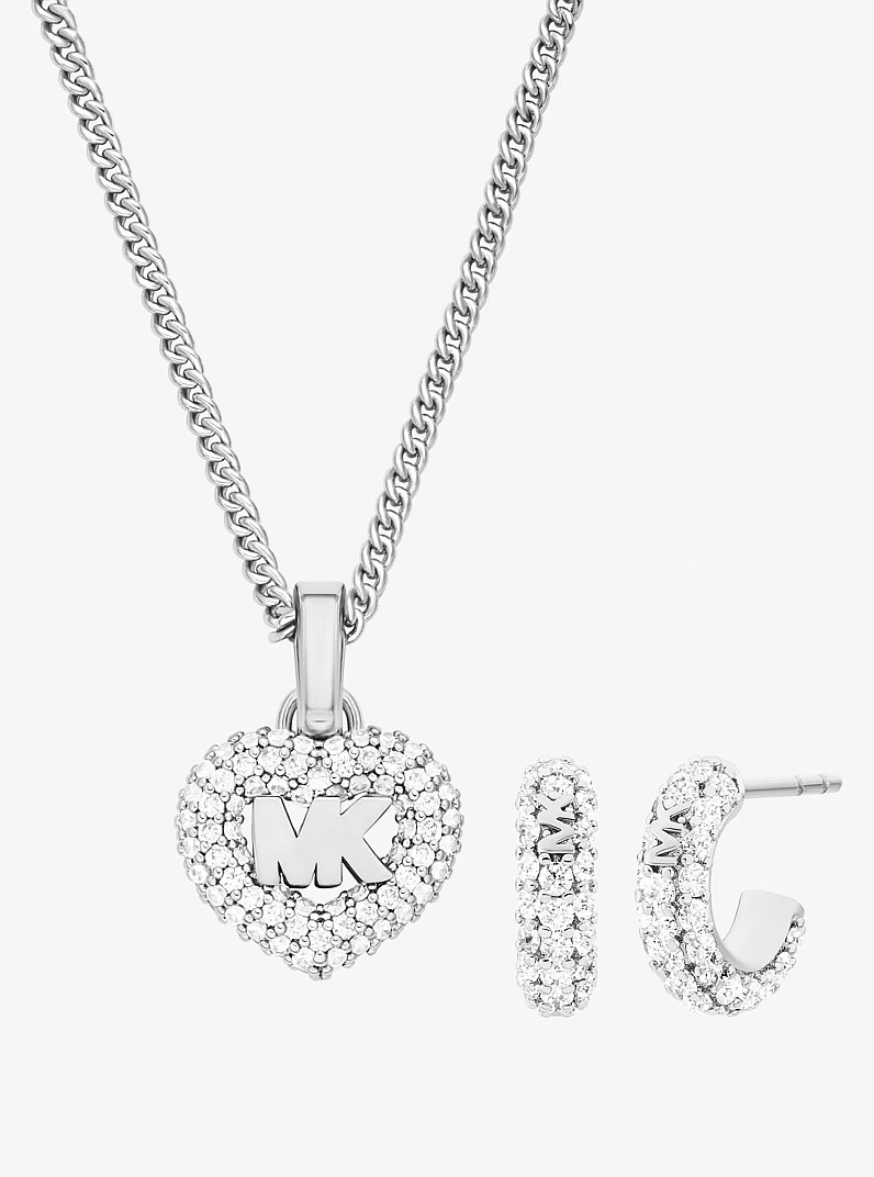 Pav&eacute; Heart and Logo Necklace and Hoop Earrings Jewelry Gift Set in PLATEADO | Michael Kors