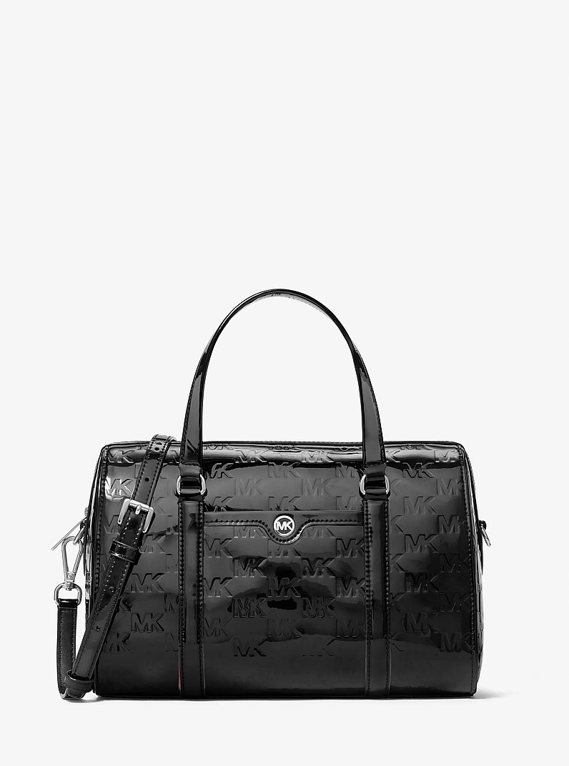 Jet Set Medium Patent Logo Debossed Duffel Crossbody Bag in BLACK | Michael Kors