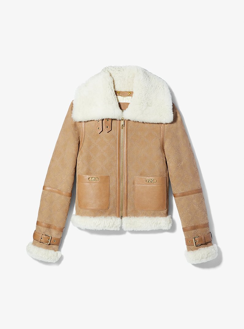 Blouson d'aviateur en daim en relief et en peau de mouton &agrave; logo Empire in CAMEL FONC&Eacute;/BLANC CASS&Eacute; | Michael Kors