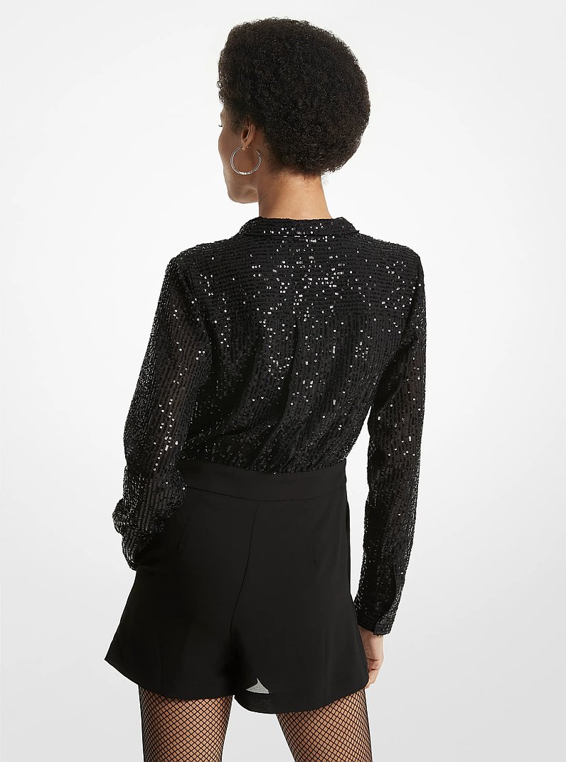 Pinstripe Sequined Chiffon and Woven Tie-Neck Romper in BLACK | Michael Kors