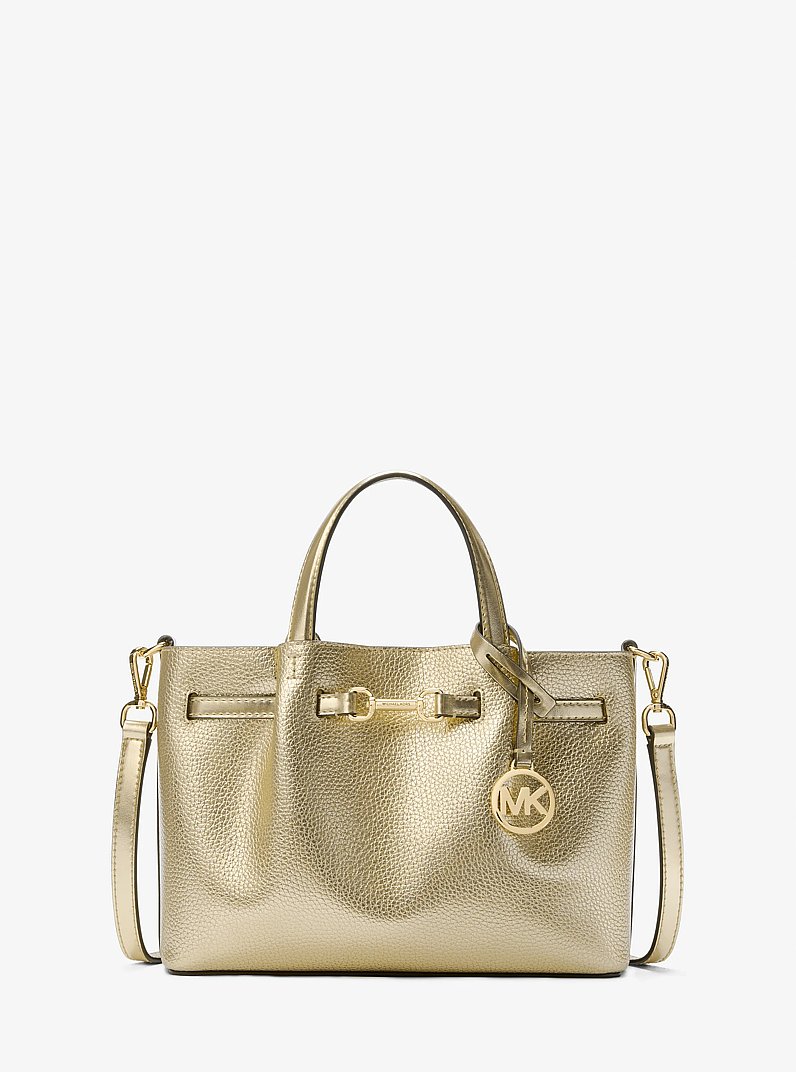 Carson Medium Metallic Pebbled Leather Satchel in PALE GOLD | Michael Kors