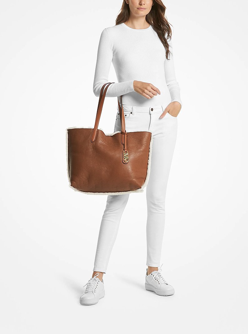 Eliza Extra-Large Leather and Shearling Reversible Tote Bag in NATURAL/LUGGAGE | Michael Kors