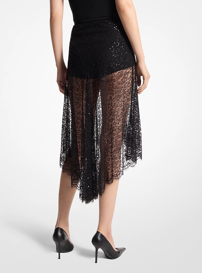 Hand-Embroidered Sequin Chantilly Lace Skirt in BLACK | Michael Kors