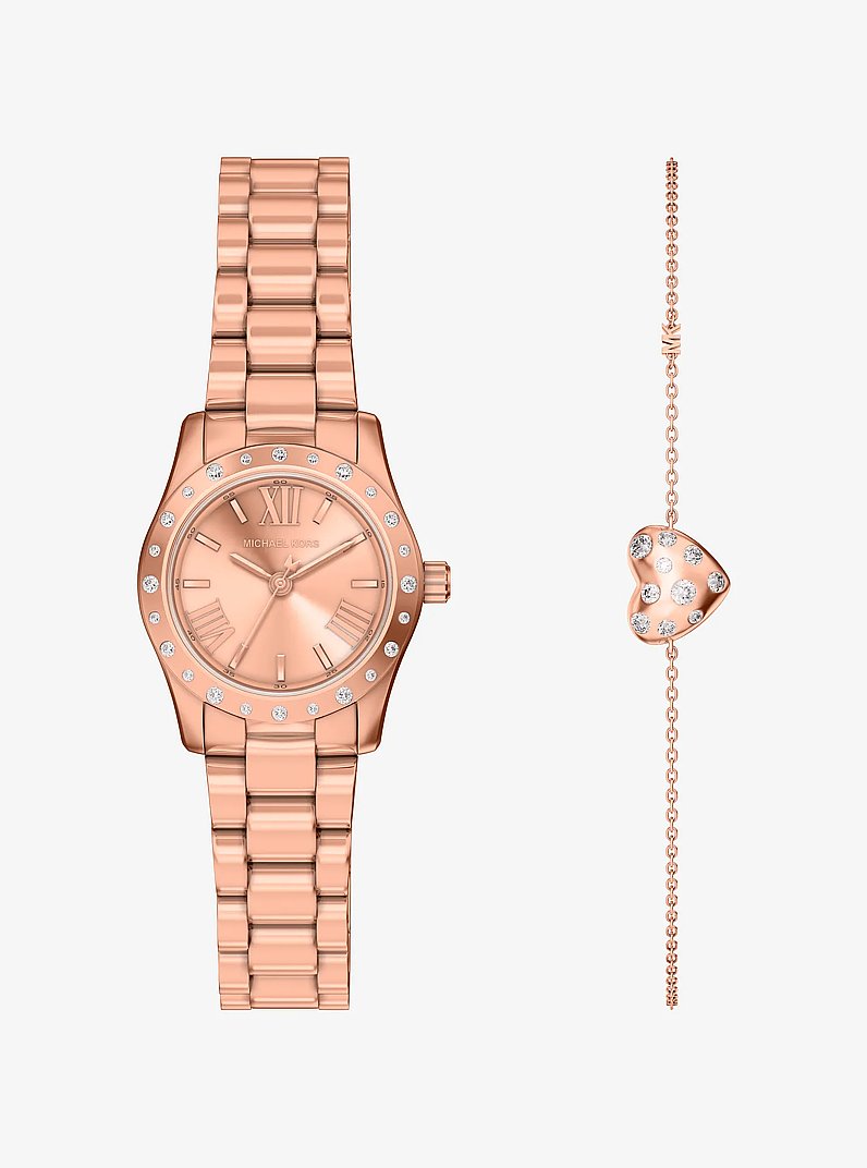 Petite Lexington Pav&eacute; Rose Gold-Tone Watch and Heart Bracelet Gift Set in ROSE GOLD | Michael Kors