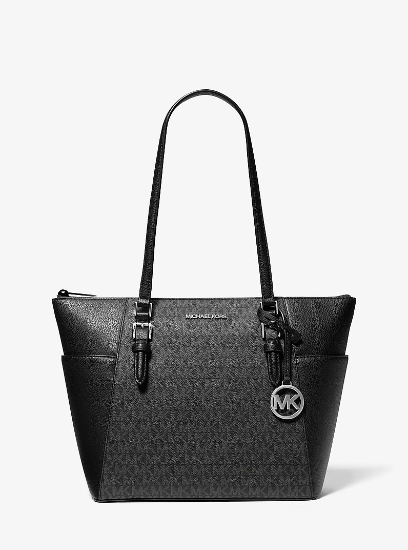 Charlotte Large Logo and Leather Top-Zip Tote Bag in BLACK | Michael Kors