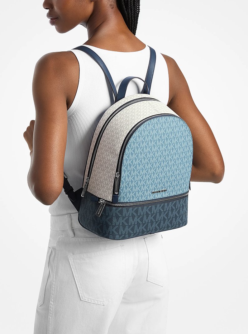 Rhea Medium Color-Block Signature Logo Backpack in DENIM MULTI | Michael Kors