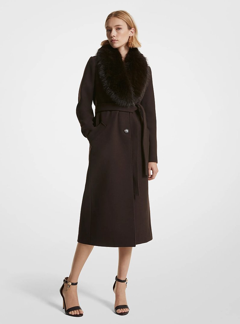Faux Fur Trim Wool Blend Coat in CHOCOLATE | Michael Kors