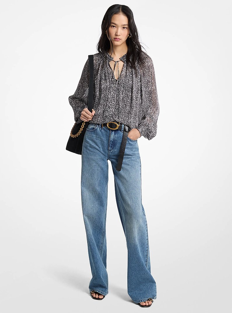 Metallic Printed Georgette Blouse in BLACK/BONE | Michael Kors