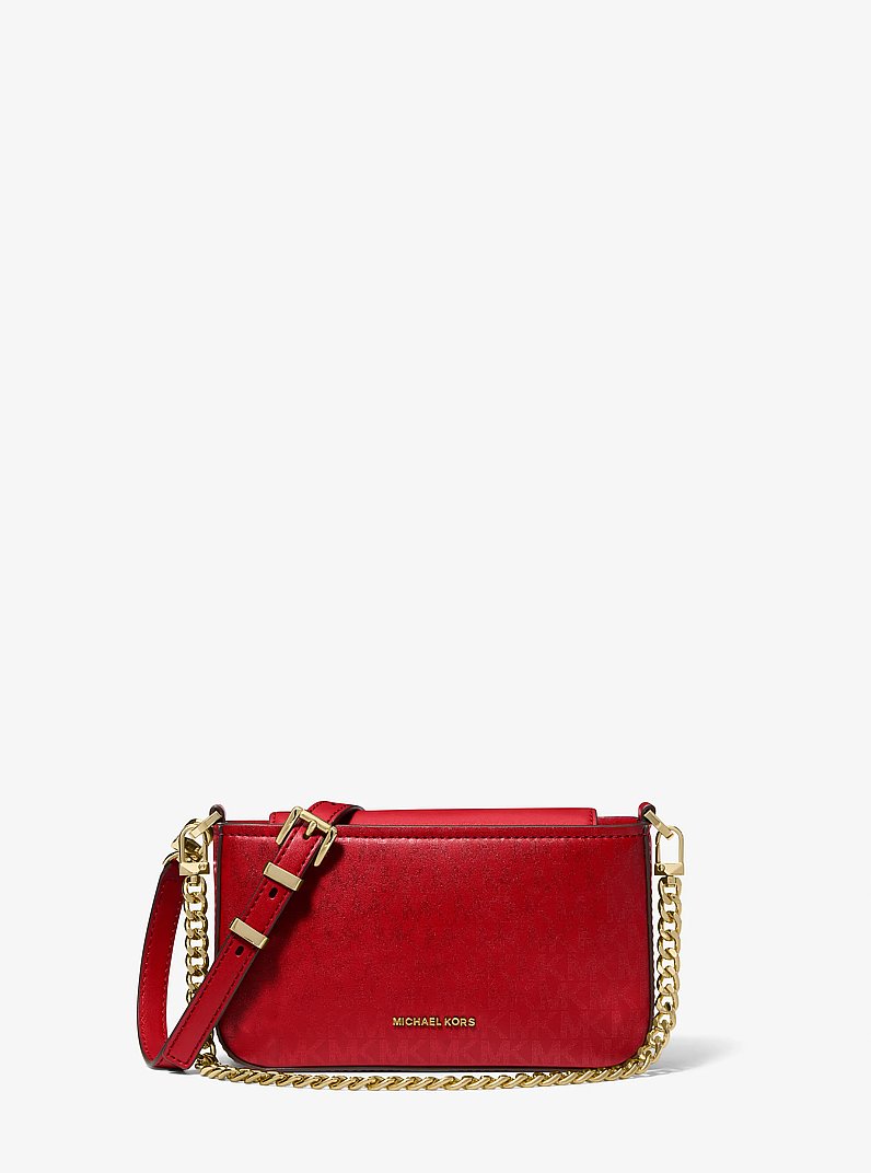 Bryant Small Metallic Signature Logo Convertible Pochette in CRIMSON | Michael Kors