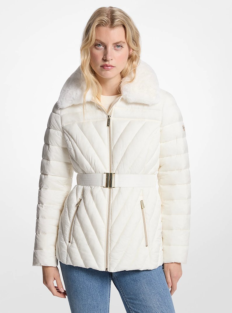 Faux Fur Trim Packable Nylon Puffer Jacket in BONE | Michael Kors