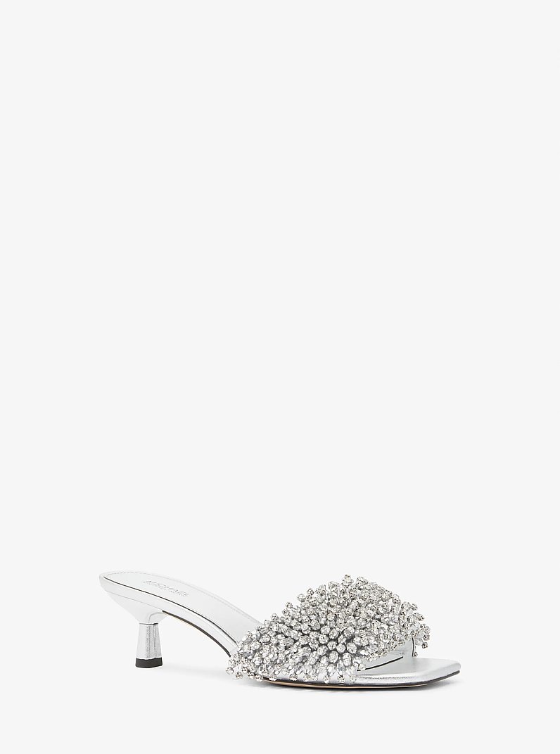Amal Crystal Embellished Metallic Leather Kitten Heel