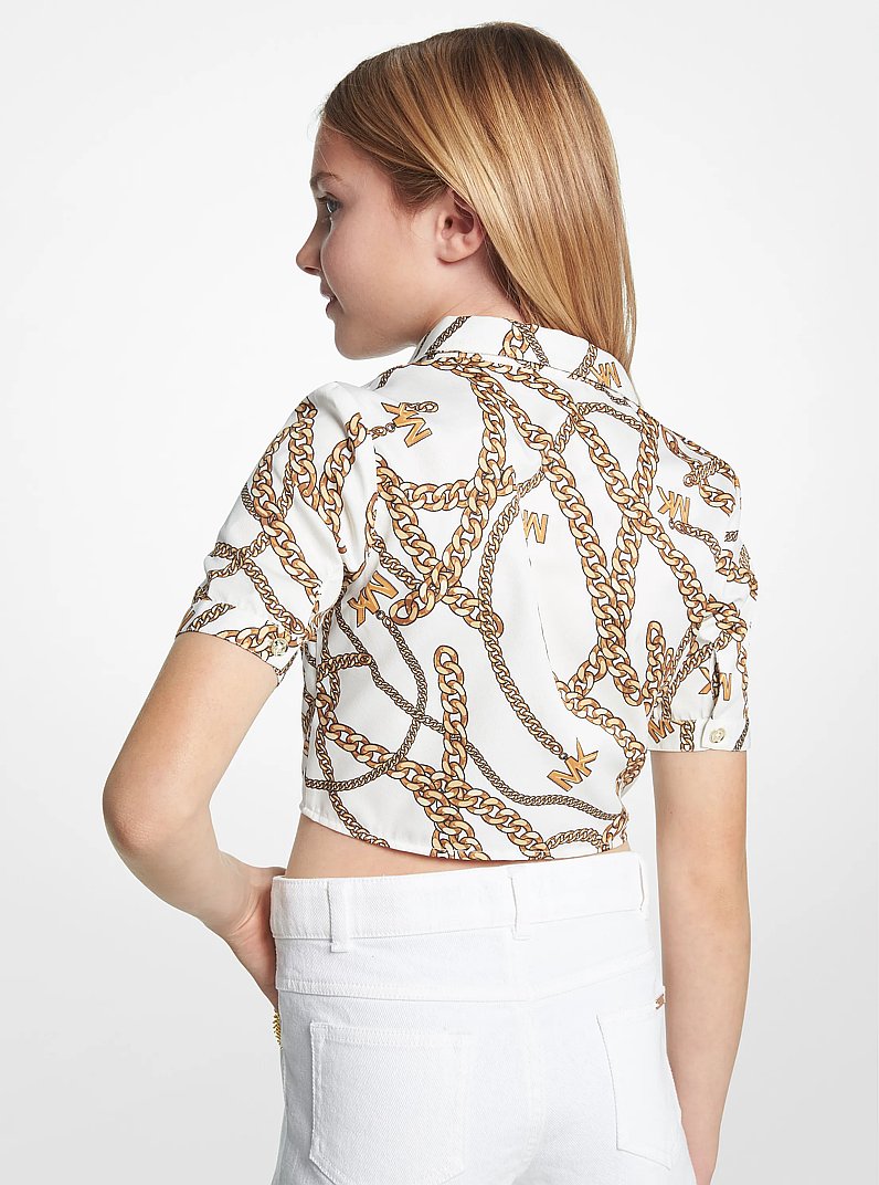 Chain-Link Logo Print Woven Blouse in WHITE/GOLD | Michael Kors