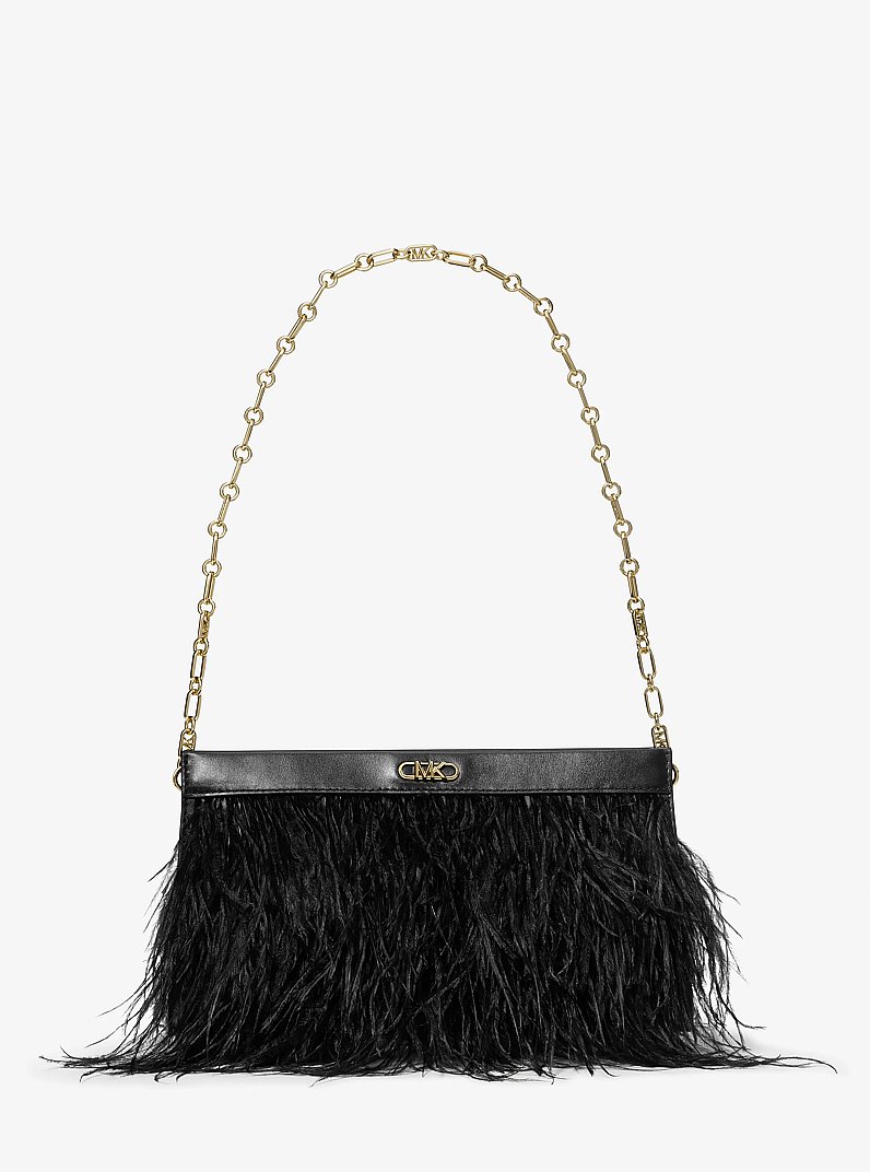 Tabitha Large Feather Embellished Clutch in BLACK | Michael Kors