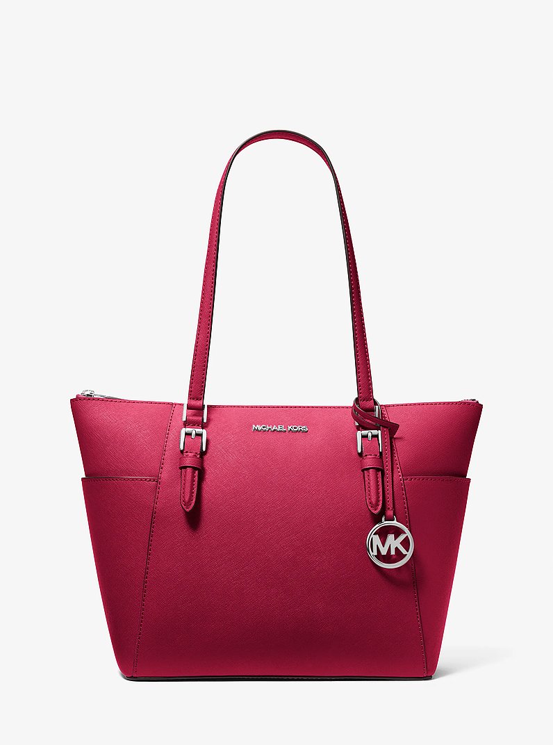 Charlotte Large Saffiano Leather Top-Zip Tote Bag in DK RASPBERRY