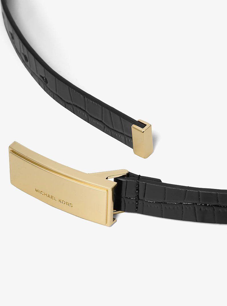G&uuml;rtel aus Leder mit Krokodilpr&auml;gung und Plakette in SCHWARZ/GOLDTON | Michael Kors