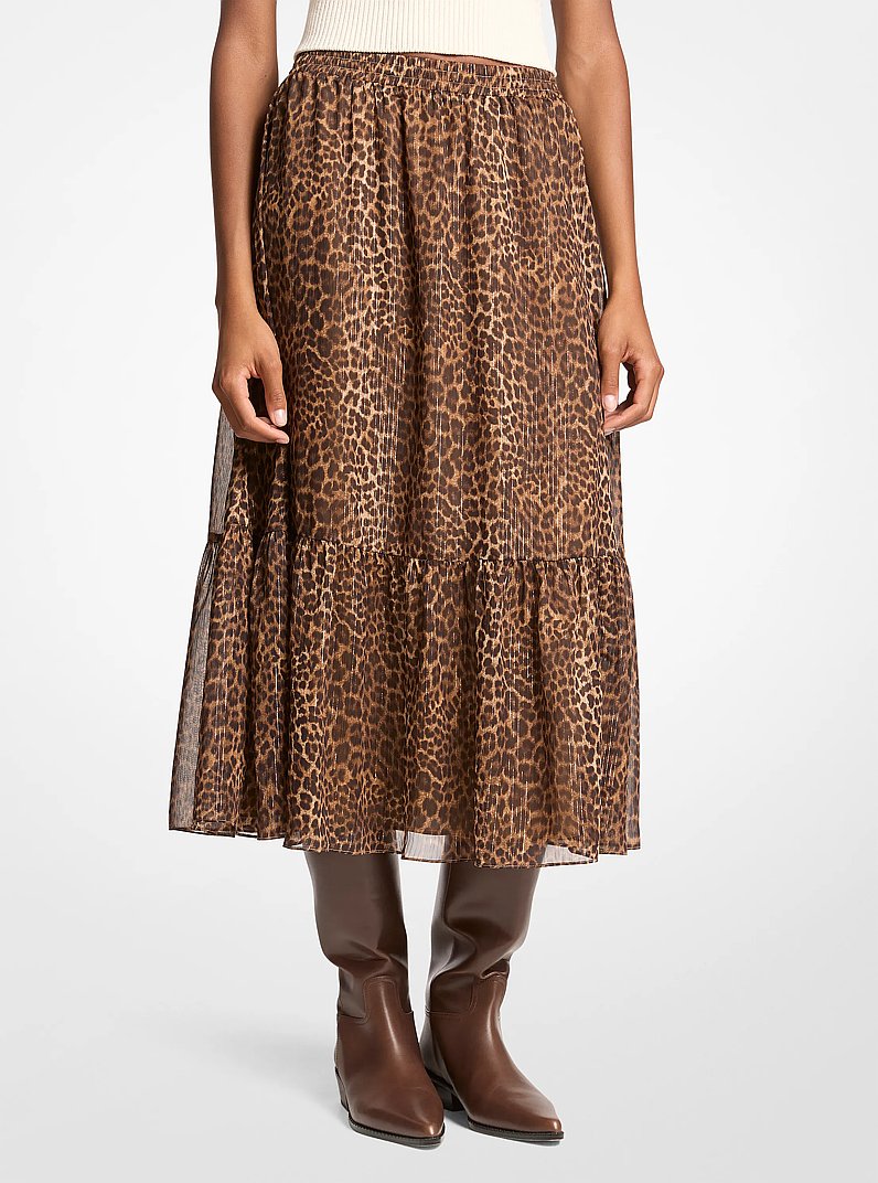 Leopard Print Tiered Midi Skirt in CAMEL OSCURO | Michael Kors