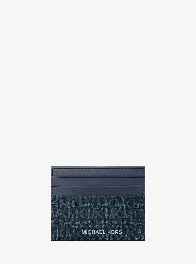 Coffret cadeau avec portefeuille compact en cuir grain&eacute; et porte-cartes &agrave; logo Signature in BLEU MARINE | Michael Kors