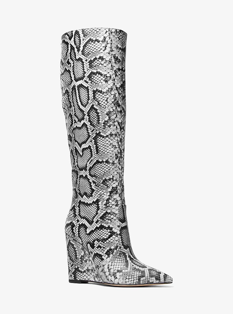 Isra Snake Embossed Leather Wedge Boot in BLACK | Michael Kors