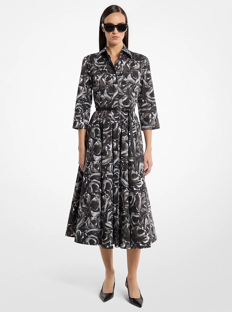 Floral Cotton Poplin Belted Quarter-Sleeve Shirtdress in PEWTER MULTI | Michael Kors