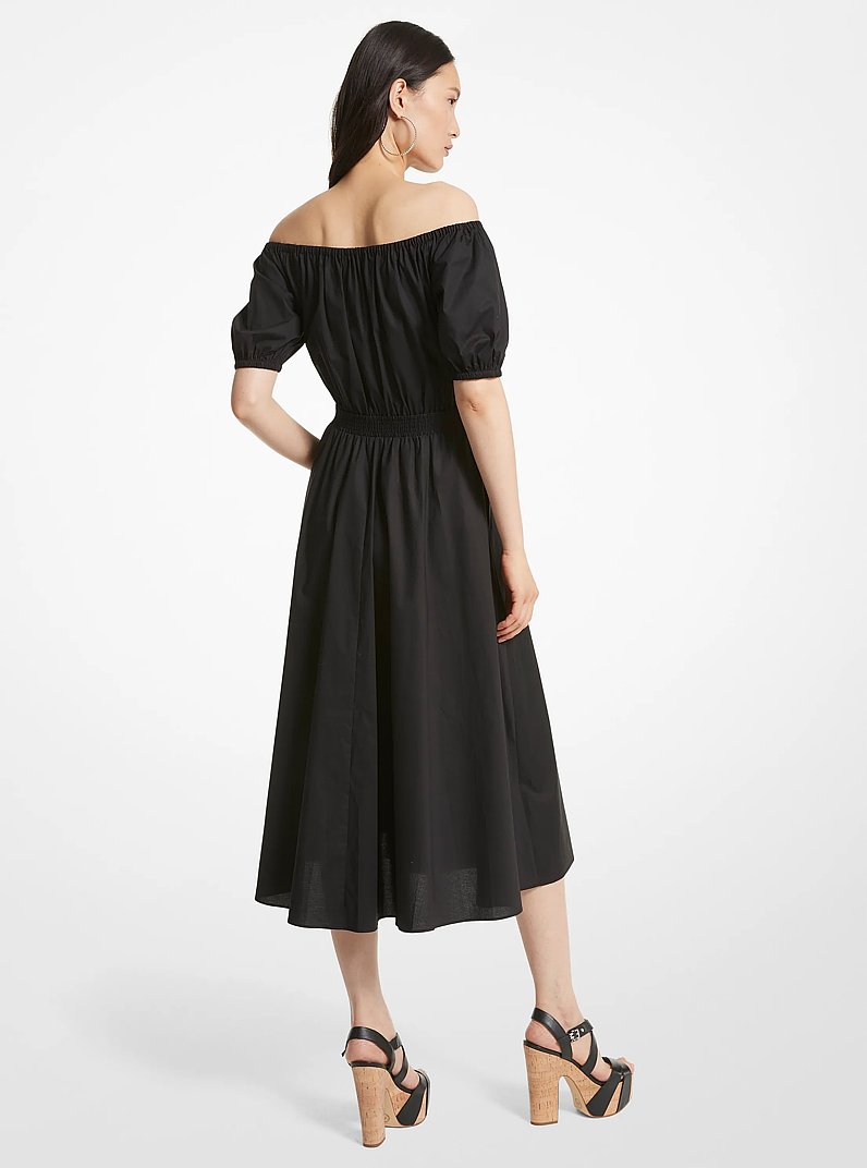Vestido de popelina el&aacute;stica de algod&oacute;n org&aacute;nico con hombros descubiertos in NEGRO | Michael Kors