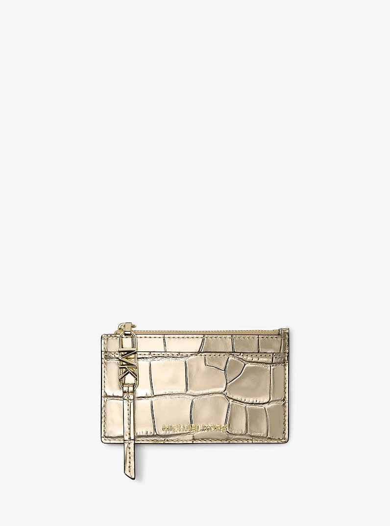 Empire Small Metallic Crocodile Embossed Leather Card Case in PALE GOLD | Michael Kors