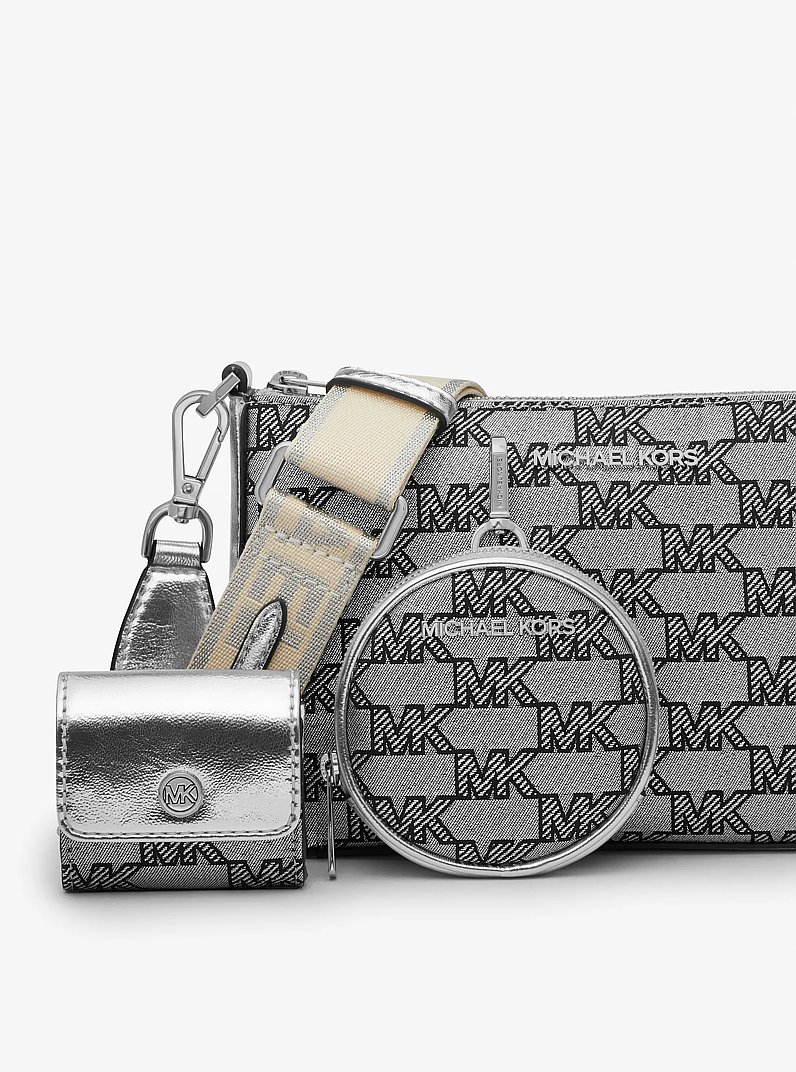 Jet Set Metallic Logo Jacquard Crossbody Bag with Case for Apple Airpods Pro&reg; in SILVER | Michael Kors