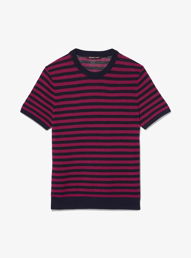 Striped Mesh Cotton Short-Sleeve Sweater in WINEBERRY | Michael Kors