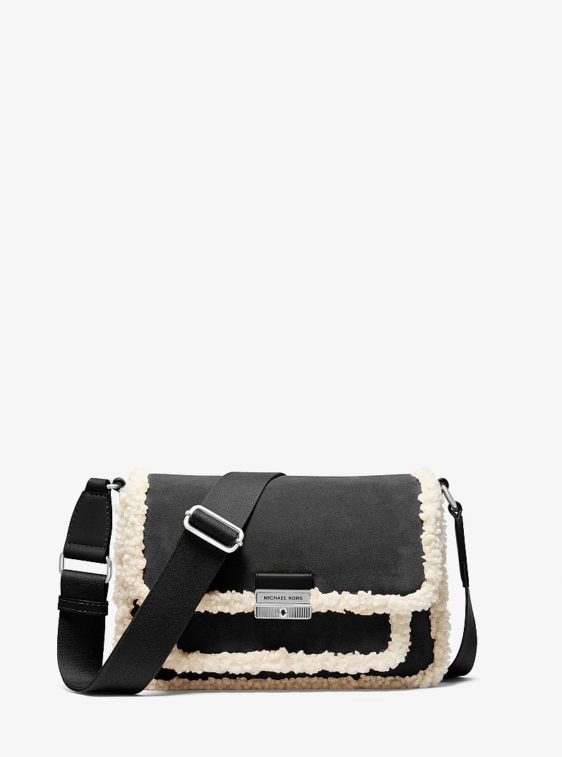 Bradshaw Medium Suede and Faux Shearling Messenger Bag in BLACK | Michael Kors