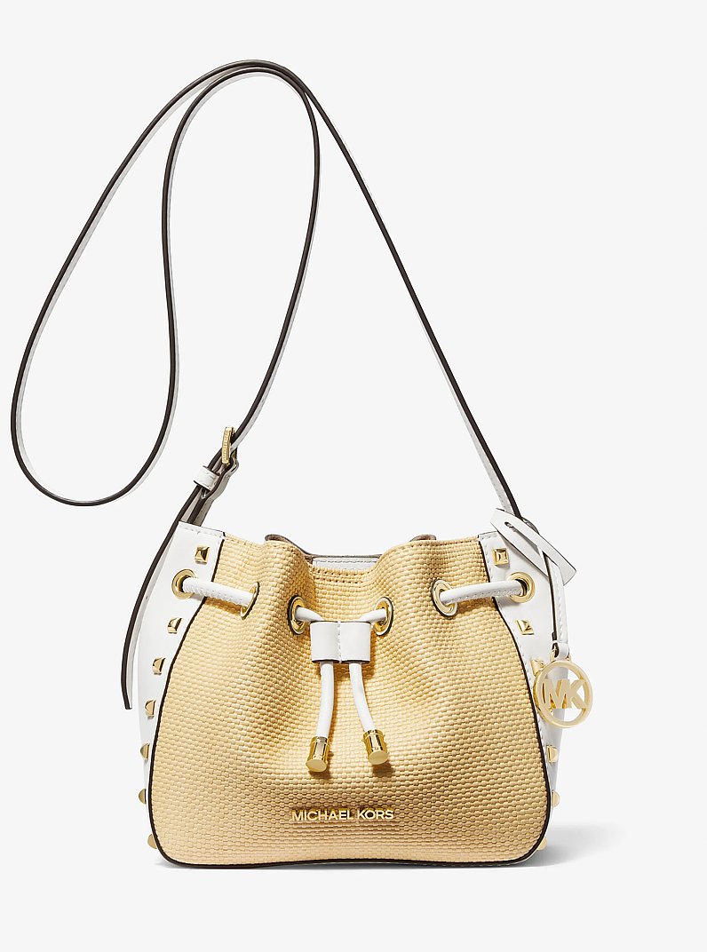 Phoebe Small Studded and Straw Bucket Messenger Bag