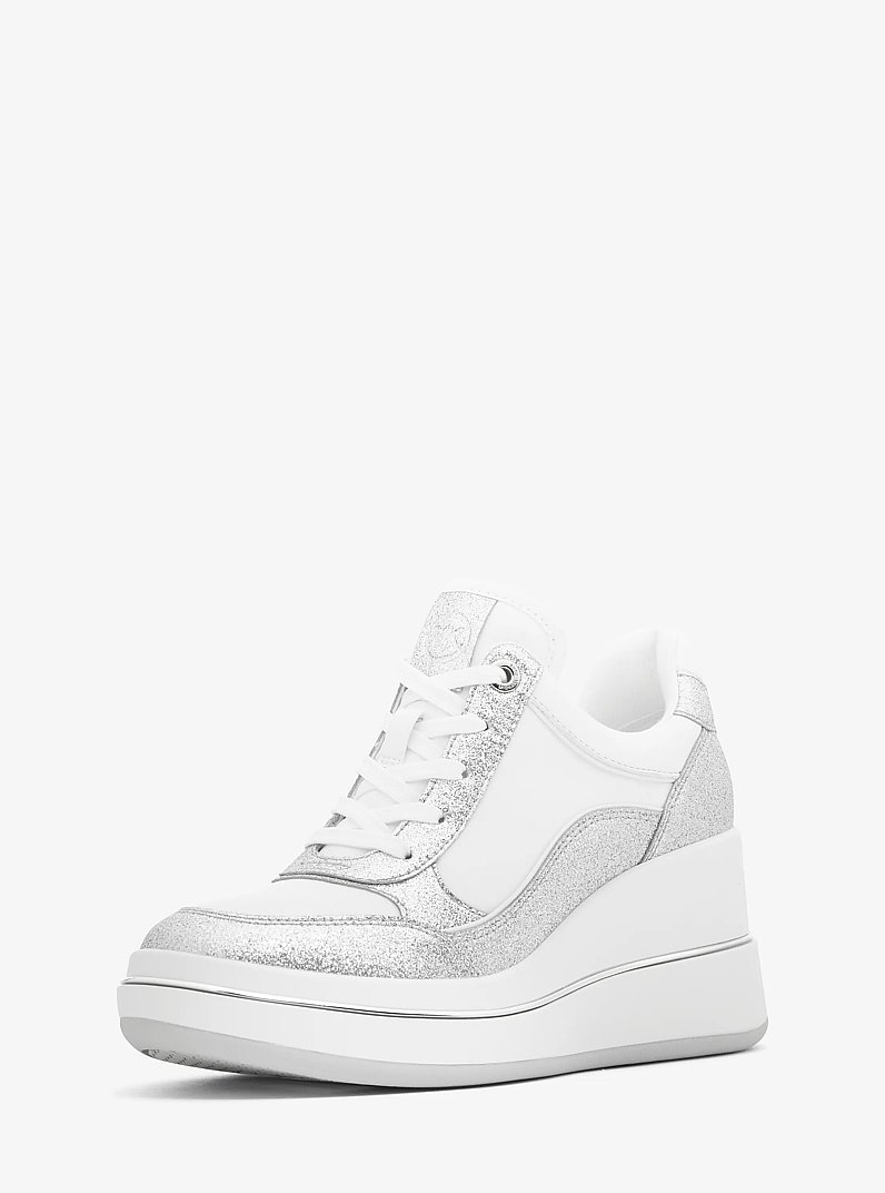 Emmy Glitter Embellished Leather Wedge Trainer in SILVER | Michael Kors