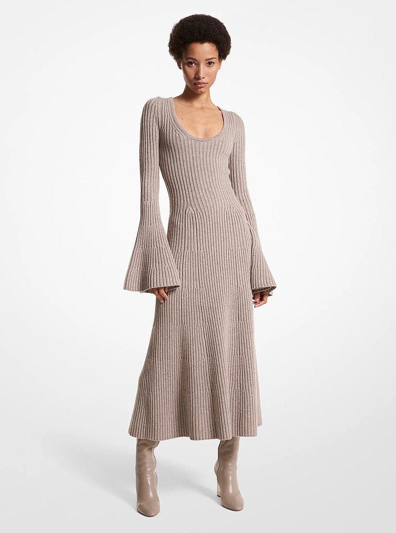 Ribbed Stretch Cashmere Flare-Sleeve Dress in TAUPE MELANGE | Michael Kors