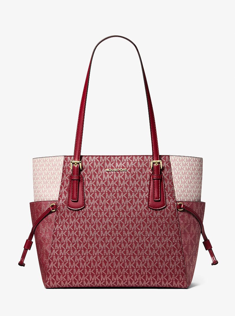 Voyager Large Color-Block Metallic Signature Logo Tote Bag in CHERRY | Michael Kors