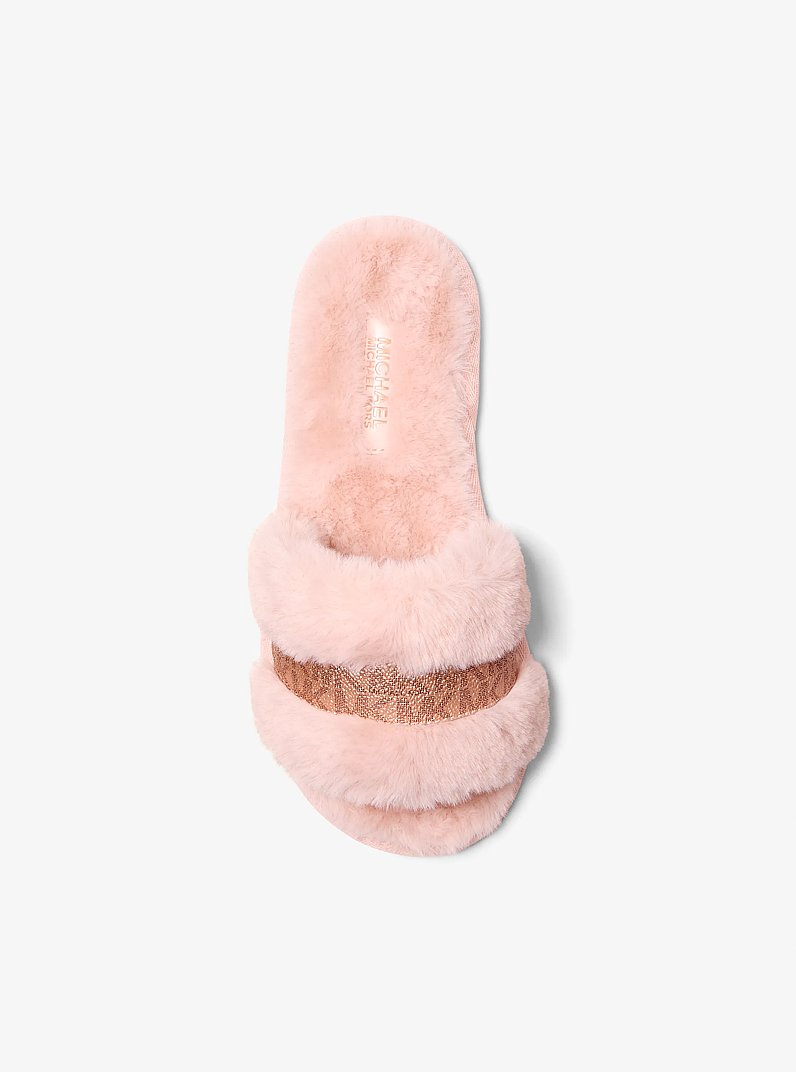 Alexis Faux Fur and Metallic Signature Logo Slide Sandal in POWDER BLUSH | Michael Kors