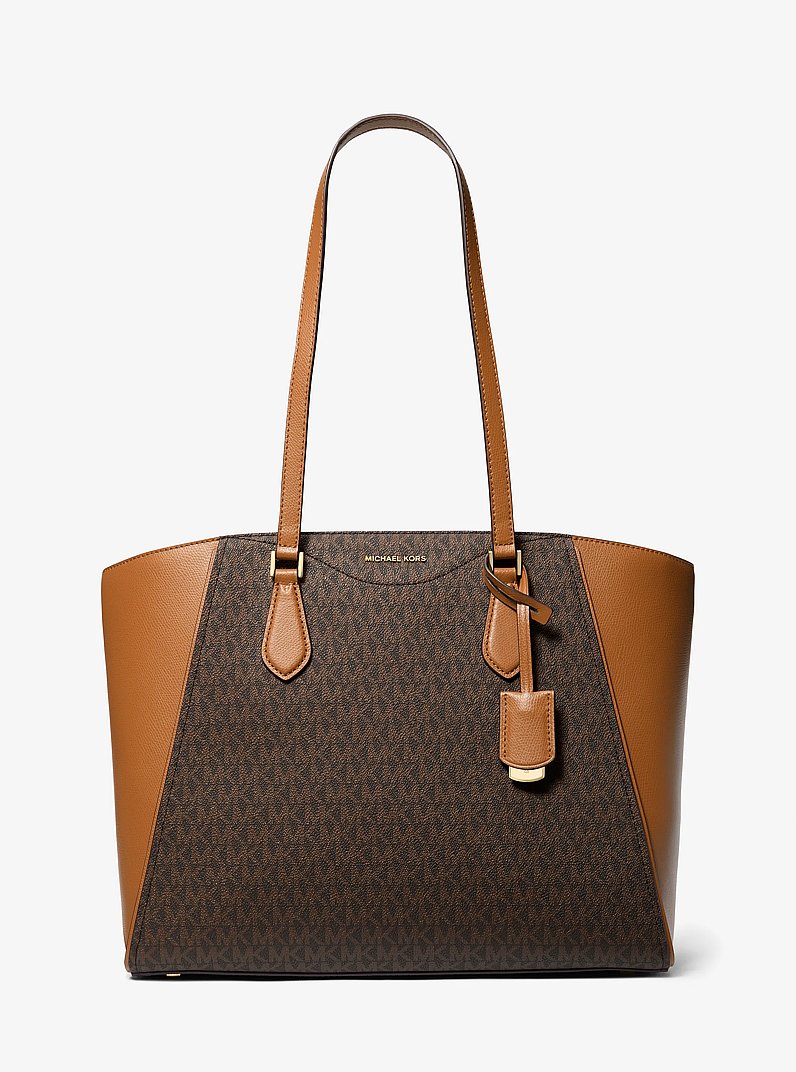 Taryn Large Signature Logo and Leather Tote Bag in BRN/ACORN | Michael Kors